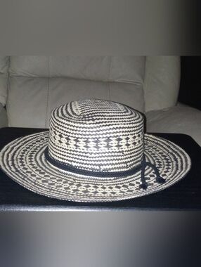 Woven Two-Tone Straw Sun Hat with Black Cord